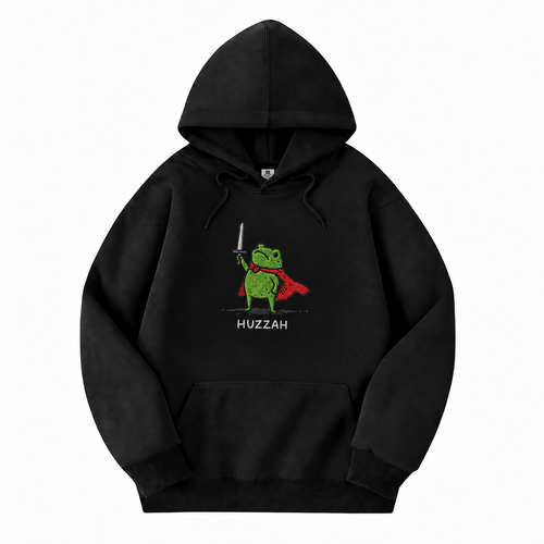 Huzzah Frog Knight black D&D hoodie front view