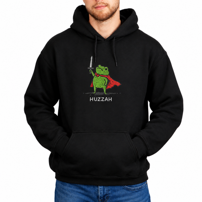 Male model wearing Huzzah Frog Knight black D&D hoodie