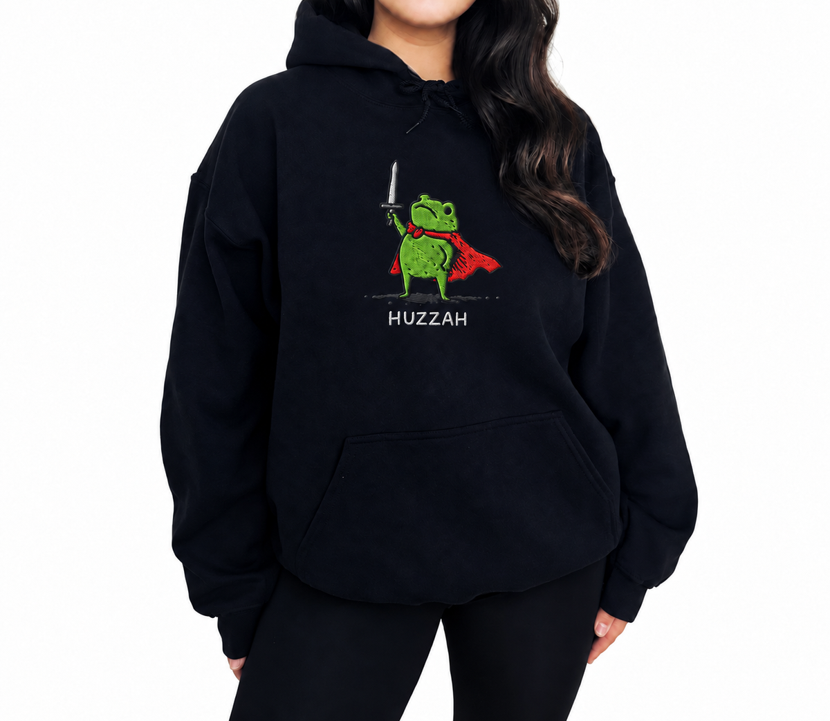Female model wearing Huzzah Frog Knight black D&D hoodie