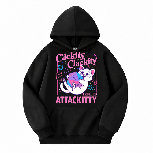 Clickity Clackity Roll to Attackity black D&D hoodie front view