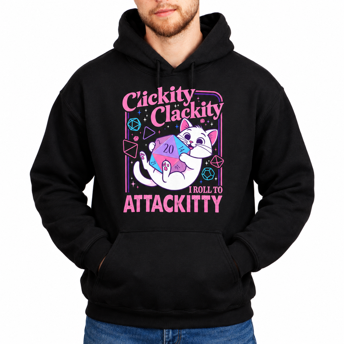 Male model wearing Clickity Clackity Roll to Attackity black D&D hoodie