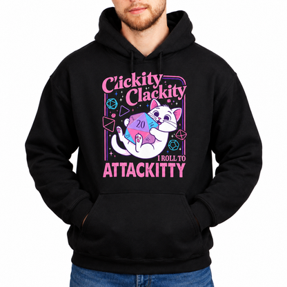 Male model wearing Clickity Clackity Roll to Attackity black D&D hoodie