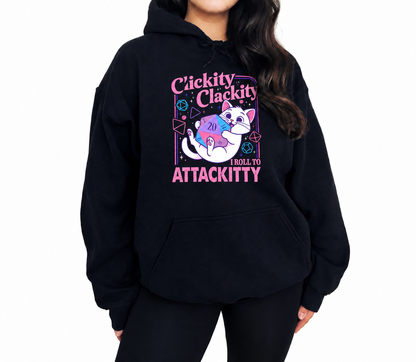 Female model wearing Clickity Clackity Roll to Attackity black D&D hoodie