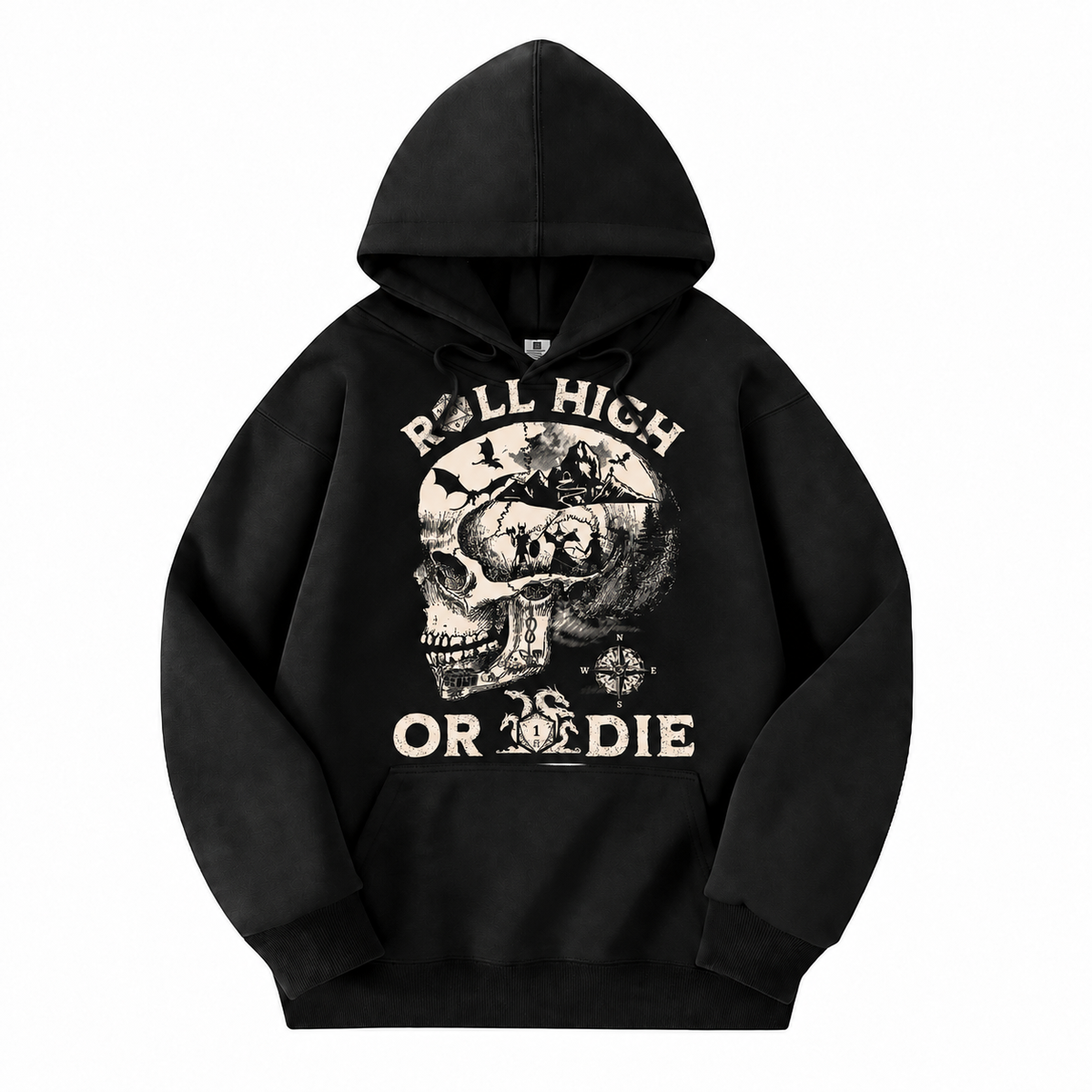 Roll High or Die Skull black D&D hoodie front view