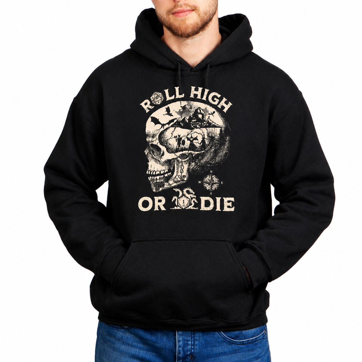 Male model wearing Roll High or Die Skull black D&D hoodie