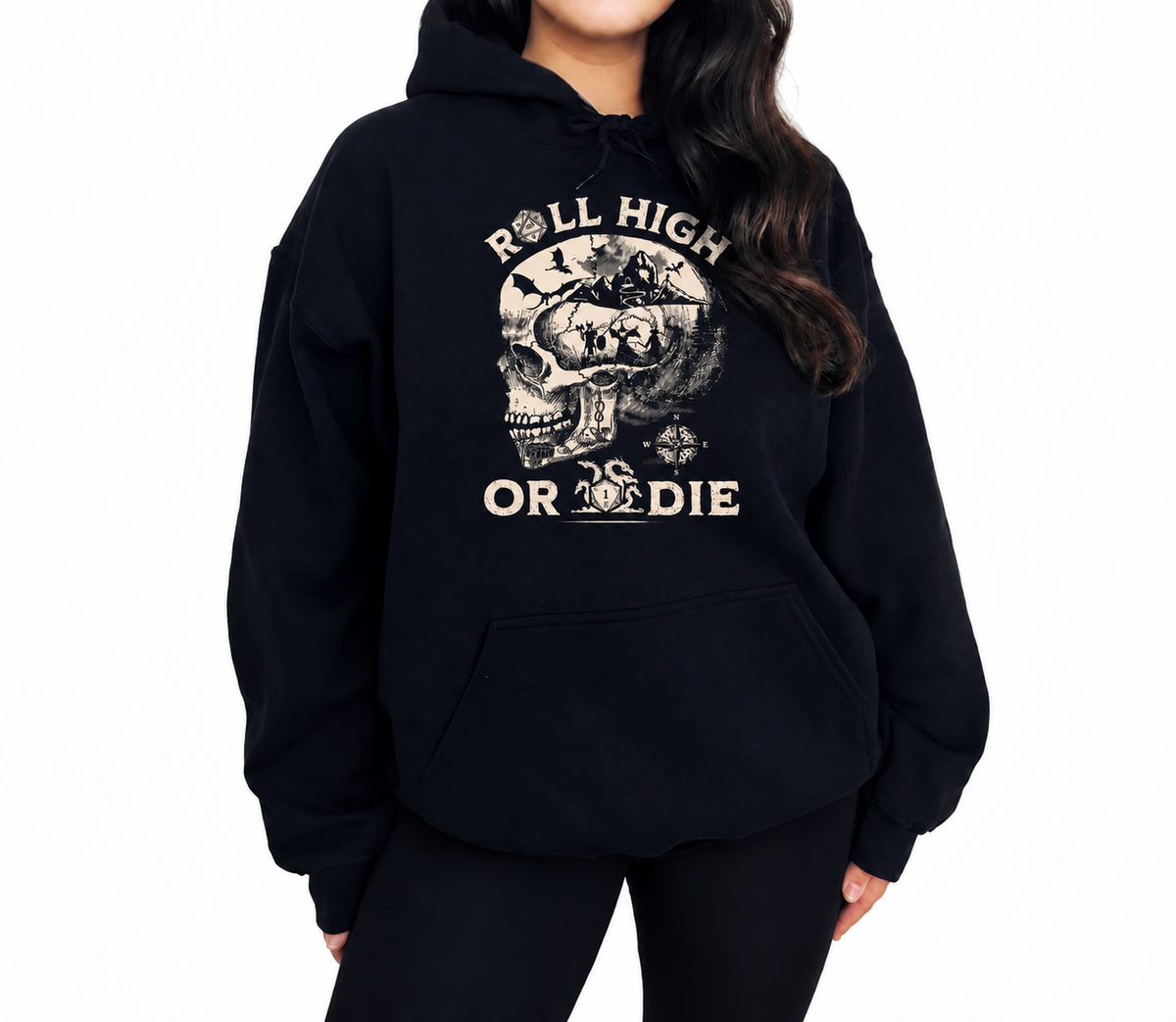 Female model wearing Roll High or Die Skull black D&D hoodie