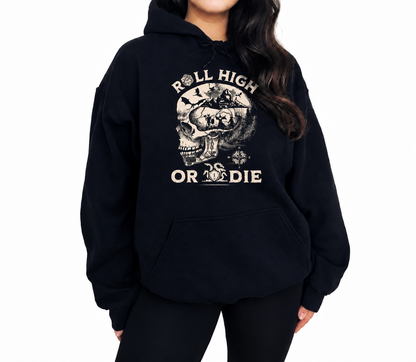 Female model wearing Roll High or Die Skull black D&D hoodie