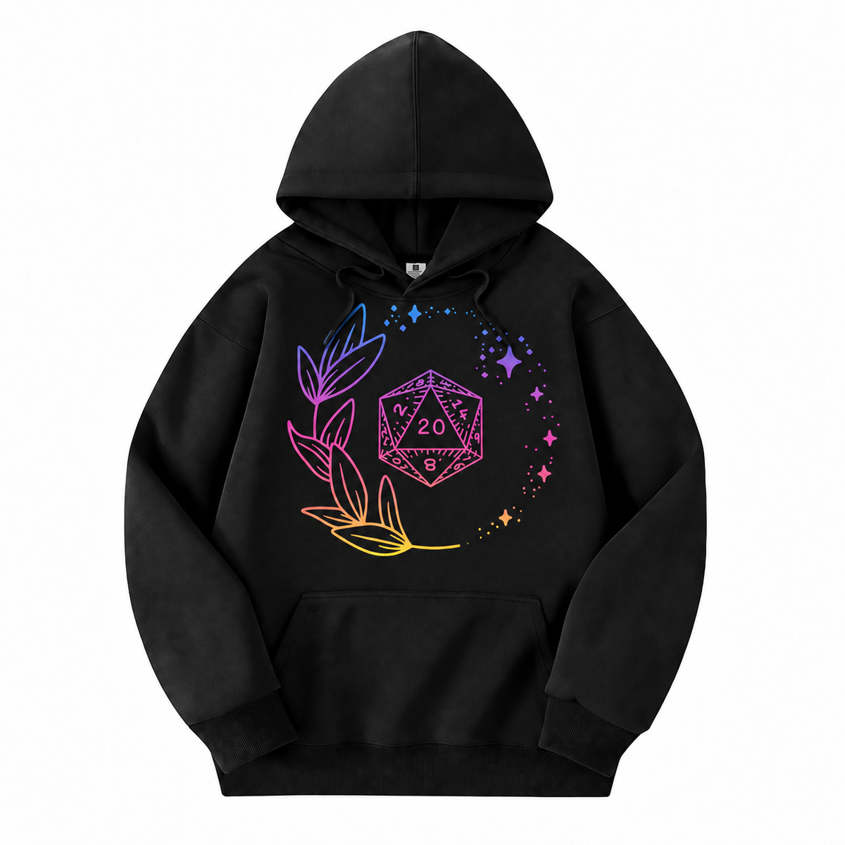 Neon Floral D20 black D&D hoodie front view