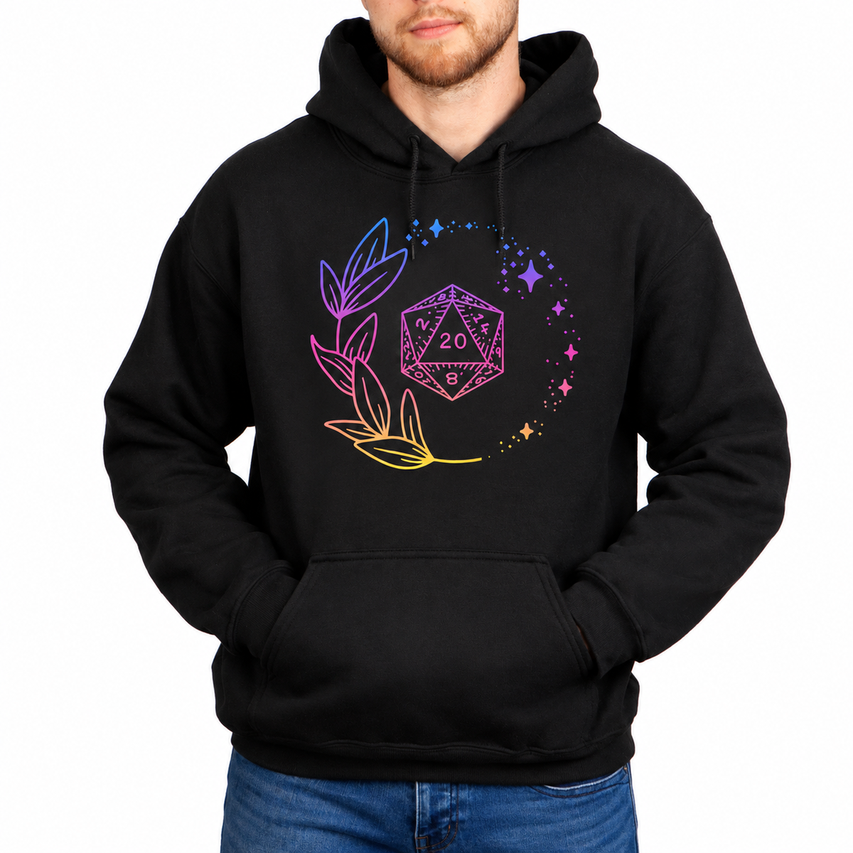 Male model wearing Neon Floral D20 black D&D hoodie