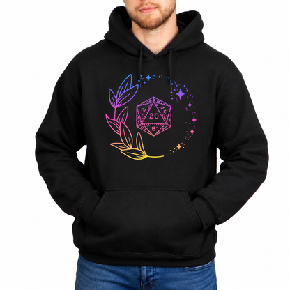 Male model wearing Neon Floral D20 black D&D hoodie