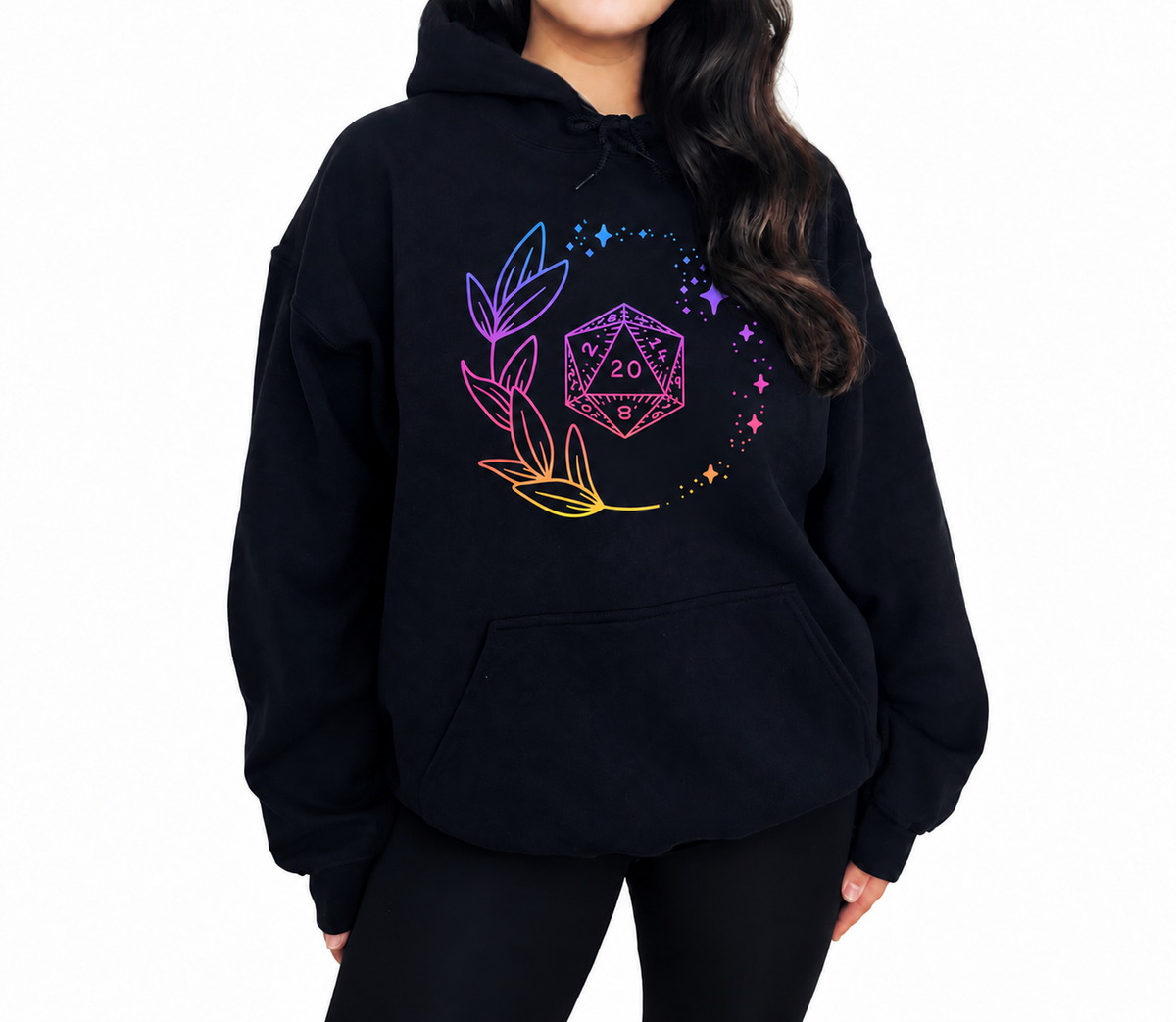 Female model wearing Neon Floral D20 black D&D hoodie