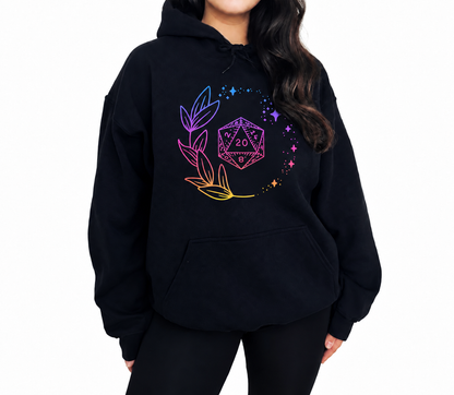 Female model wearing Neon Floral D20 black D&D hoodie