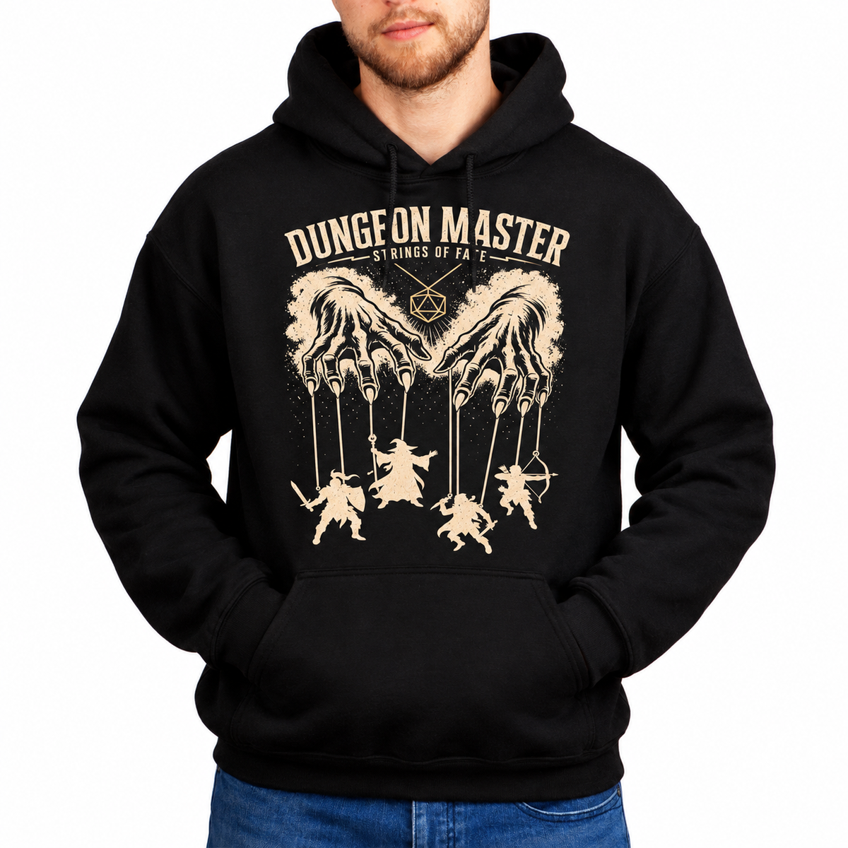 Male model wearing Dungeon Master Puppet Master black D&D hoodie