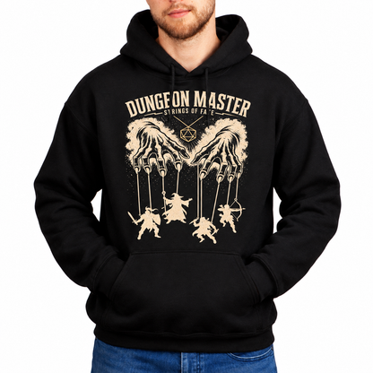 Male model wearing Dungeon Master Puppet Master black D&D hoodie