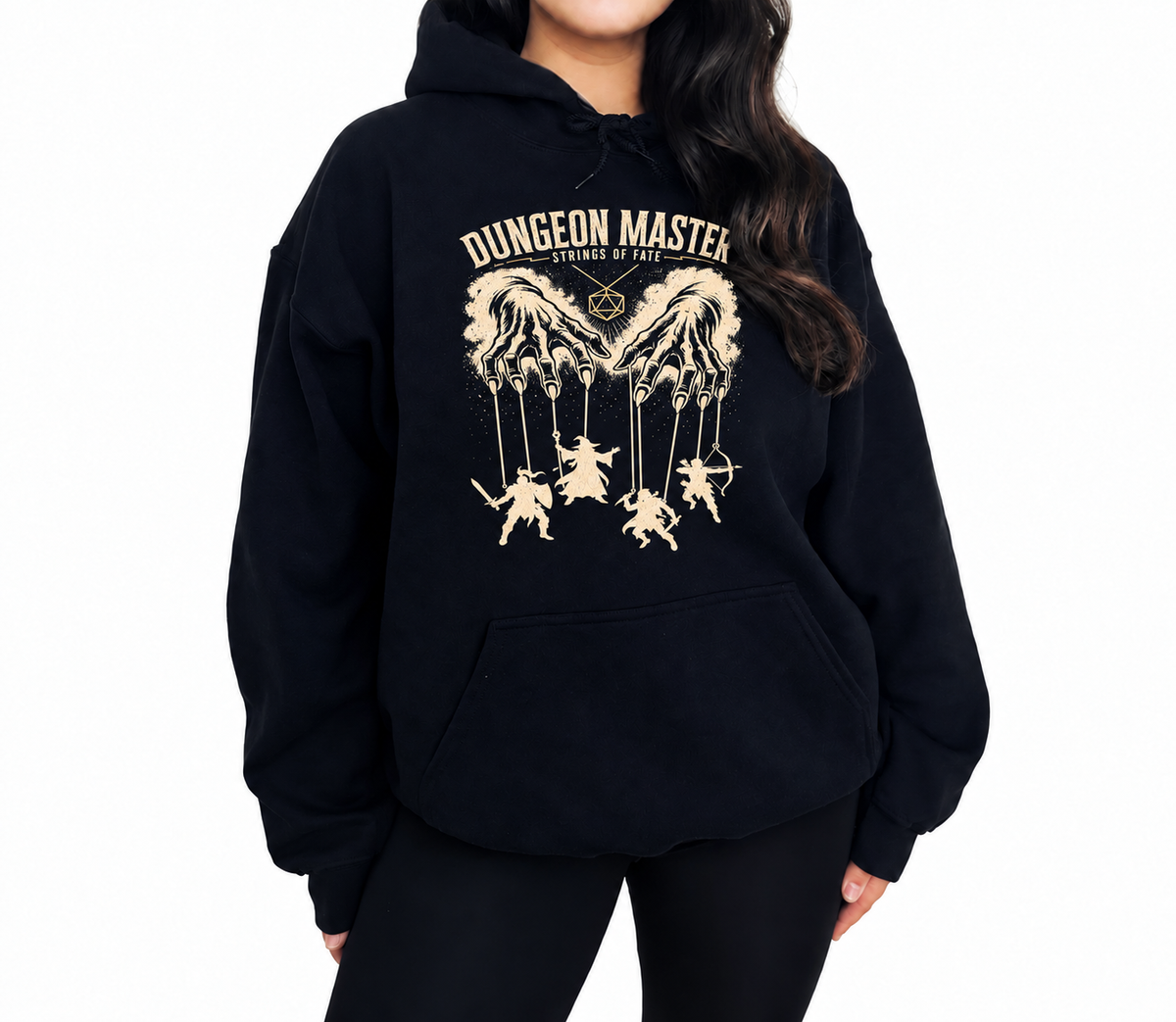 Female model wearing Dungeon Master Puppet Master black D&D hoodie