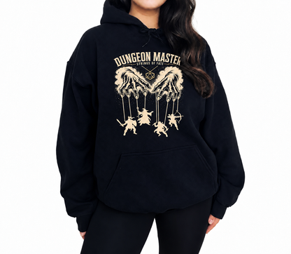 Female model wearing Dungeon Master Puppet Master black D&D hoodie