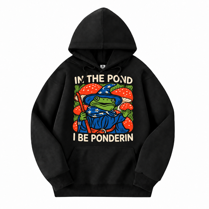 In the Pond I Be Ponderin’ black D&D hoodie front view