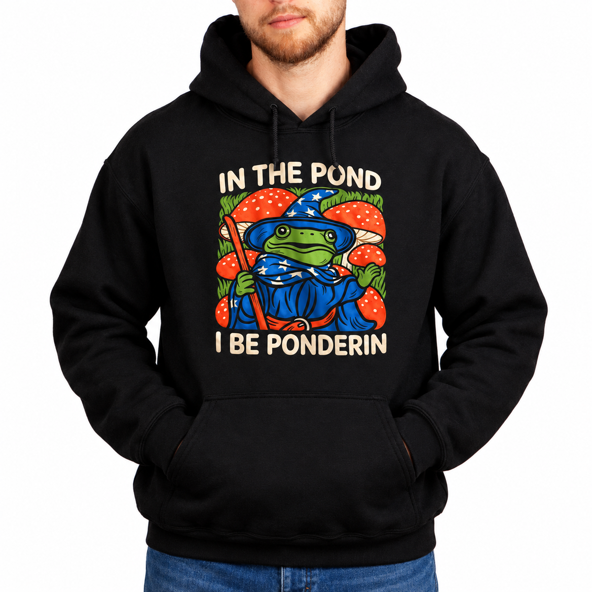 Male model wearing In the Pond I Be Ponderin’ black D&D hoodie