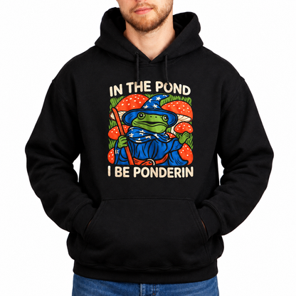 Male model wearing In the Pond I Be Ponderin’ black D&D hoodie