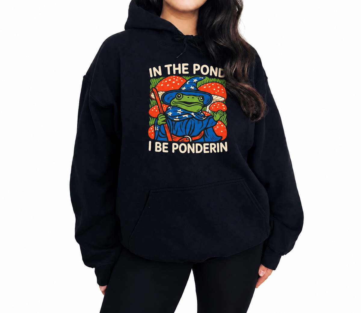 Female model wearing In the Pond I Be Ponderin’ black D&D hoodie