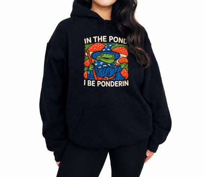 Female model wearing In the Pond I Be Ponderin’ black D&D hoodie