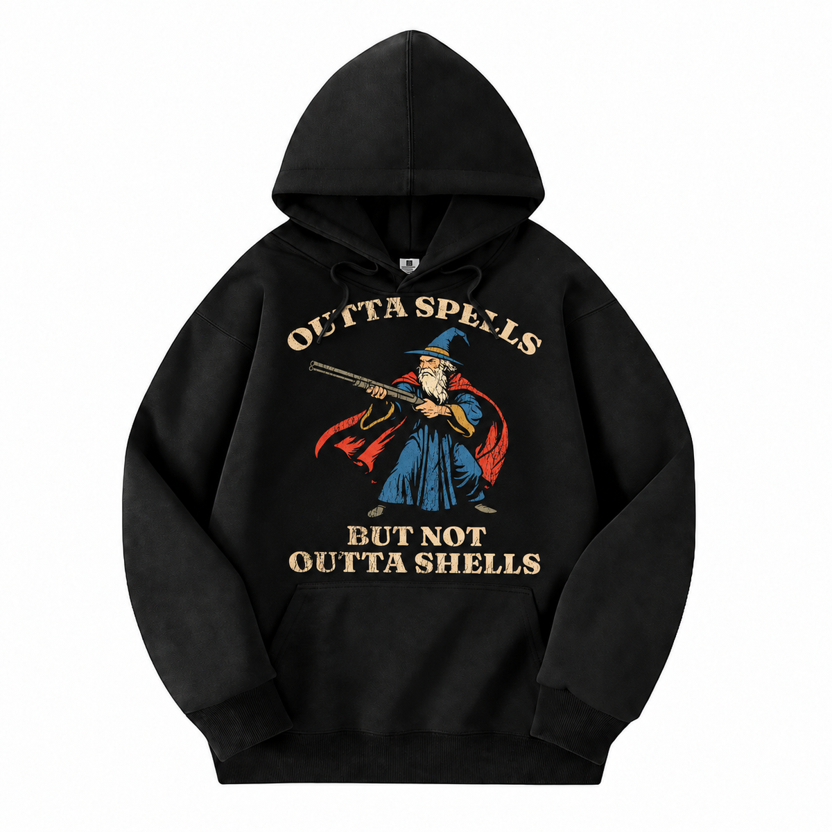 Outta Spells, Not Outta Shells black D&D hoodie front view