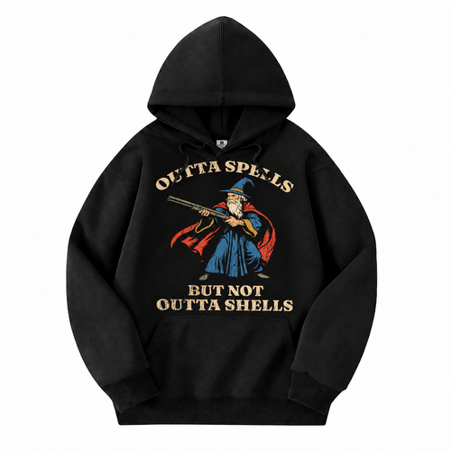 Outta Spells, Not Outta Shells black D&D hoodie front view