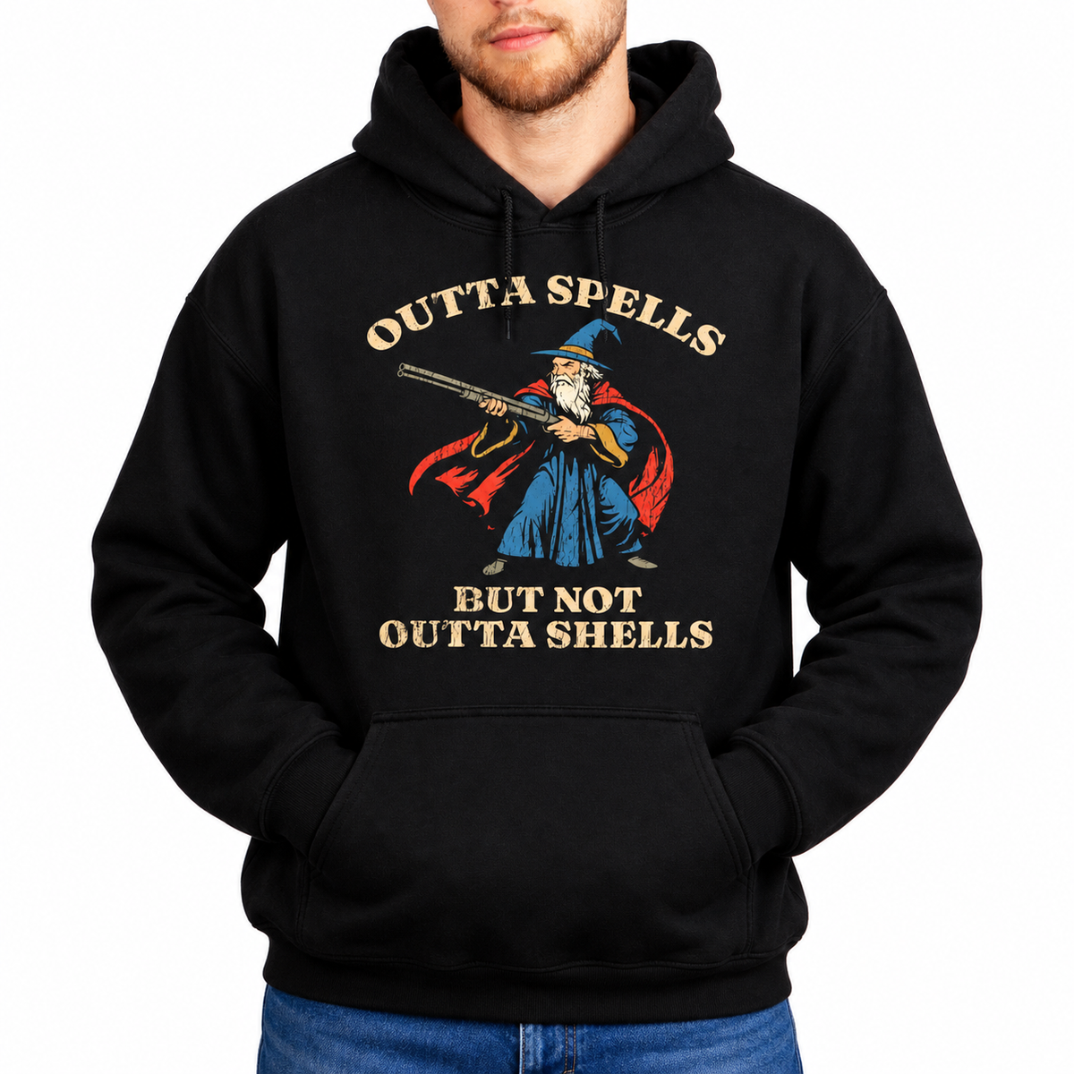Male model wearing Outta Spells, Not Outta Shells black D&D hoodie