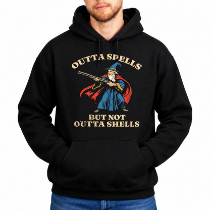 Male model wearing Outta Spells, Not Outta Shells black D&D hoodie