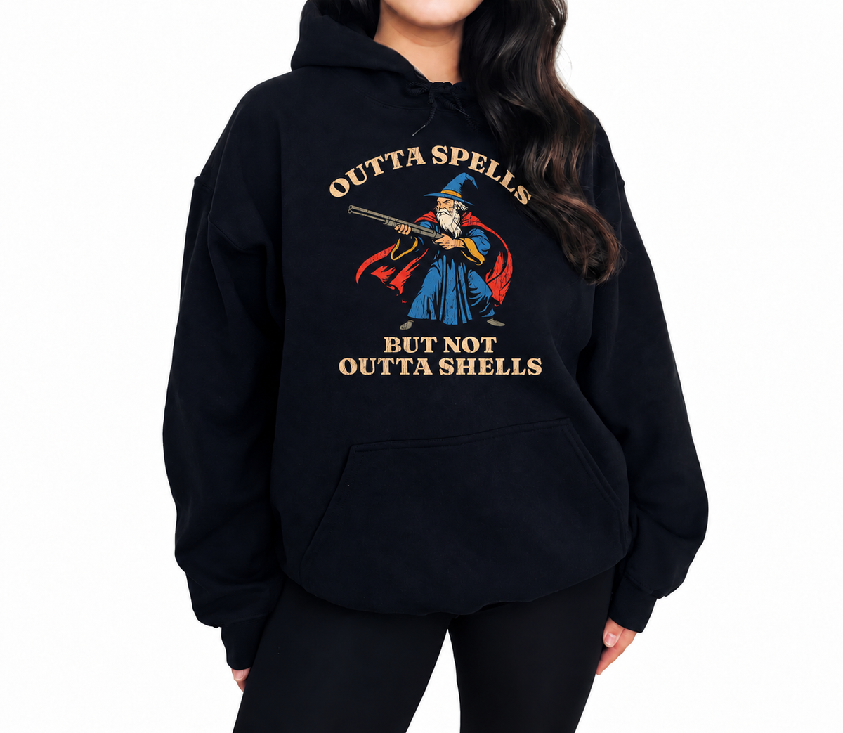 Female model wearing Outta Spells, Not Outta Shells black D&D hoodie