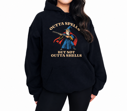 Female model wearing Outta Spells, Not Outta Shells black D&D hoodie
