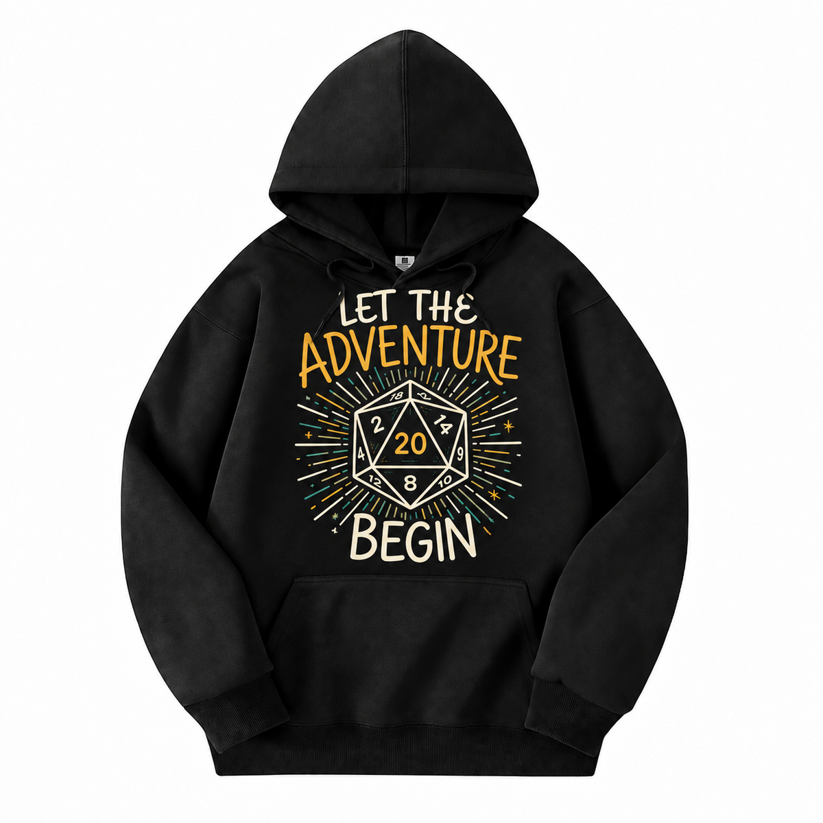 Let the Adventure Begin black D&D hoodie front view
