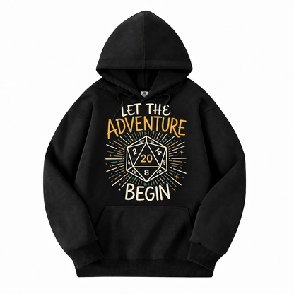 Let the Adventure Begin black D&D hoodie front view