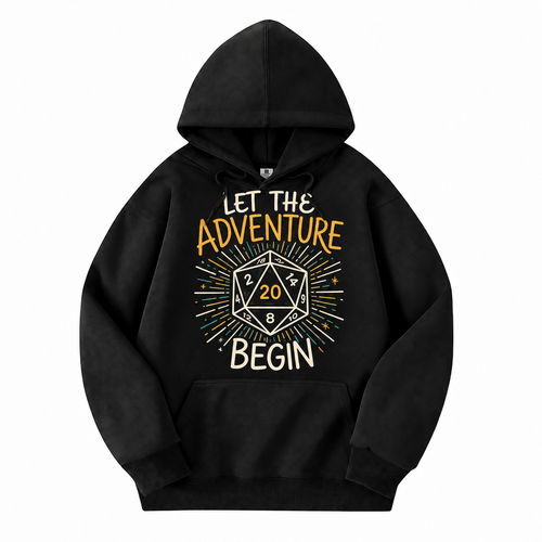Let the Adventure Begin black D&D hoodie front view