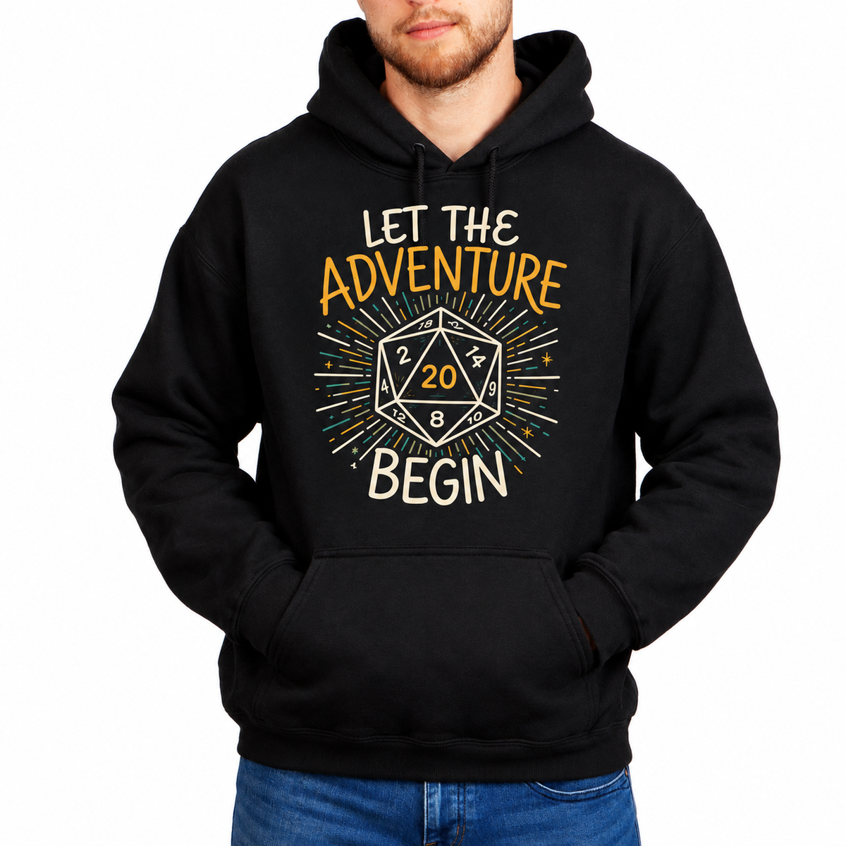 Male model wearing Let the Adventure Begin black D&D hoodie