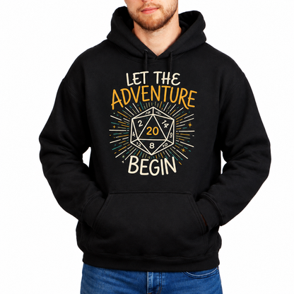 Male model wearing Let the Adventure Begin black D&D hoodie