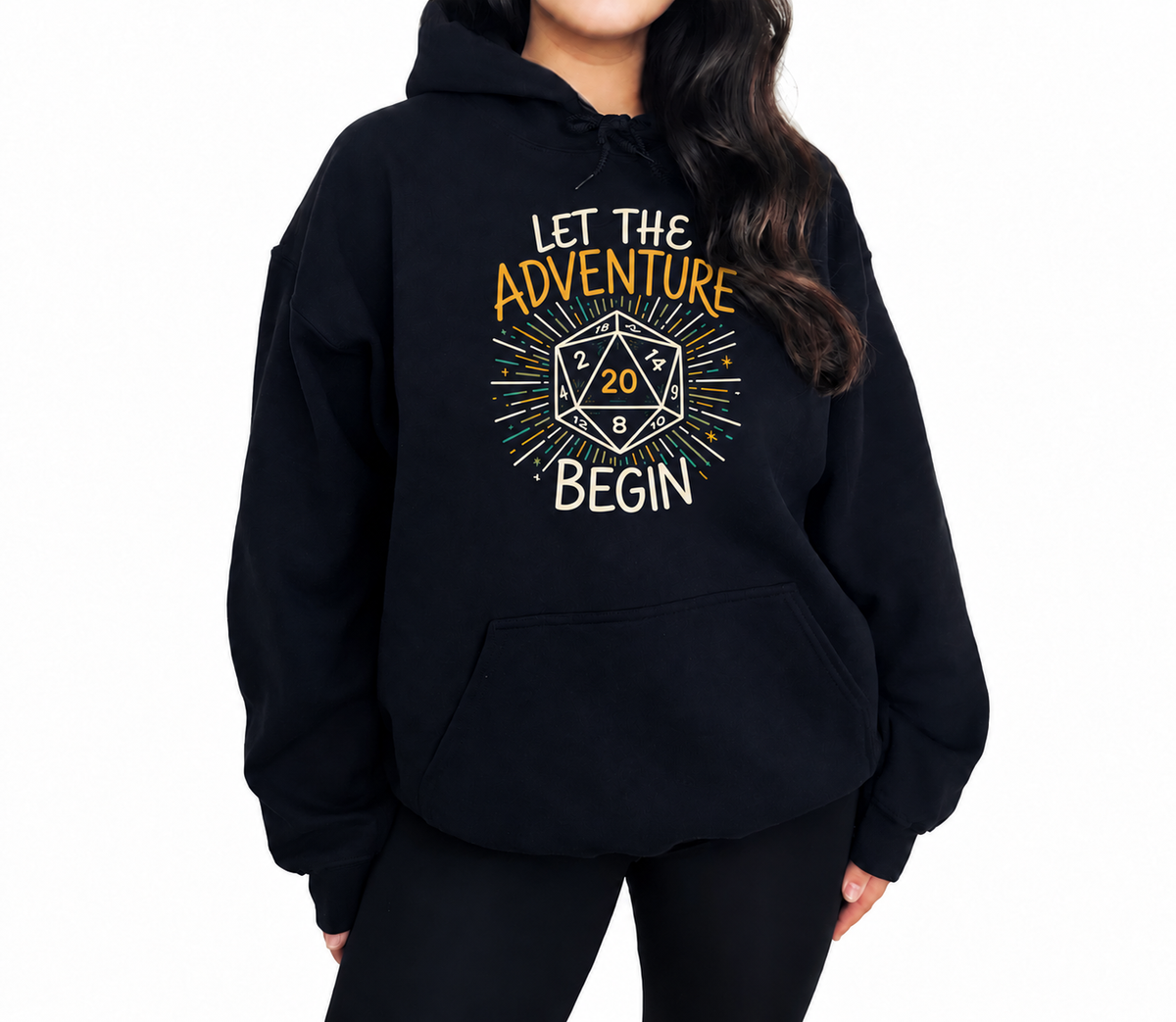 Female model wearing Let the Adventure Begin black D&D hoodie
