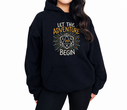 Female model wearing Let the Adventure Begin black D&D hoodie