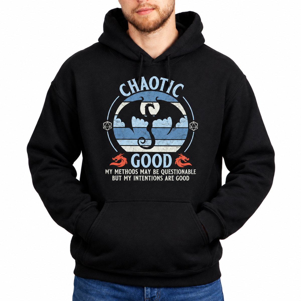 Male model wearing Chaotic Good black D&D hoodie