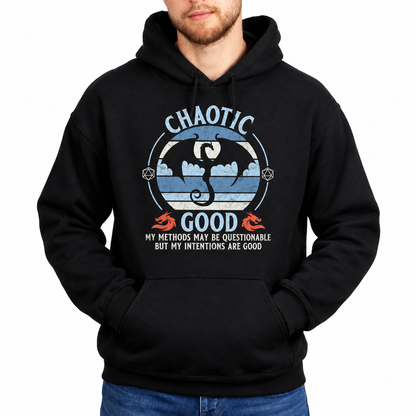 Male model wearing Chaotic Good black D&D hoodie