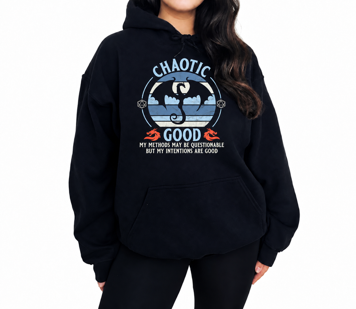 Female model wearing Chaotic Good black D&D hoodie