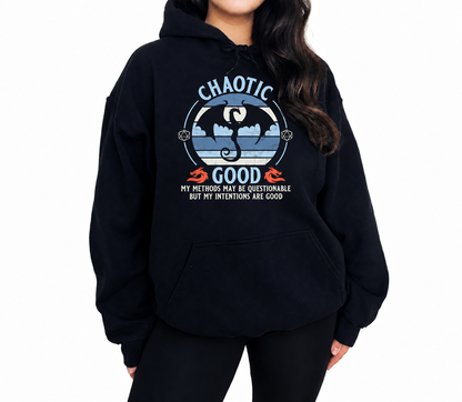 Female model wearing Chaotic Good black D&D hoodie