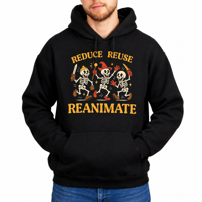 Male model wearing Reduce Reuse Reanimate black D&D hoodie