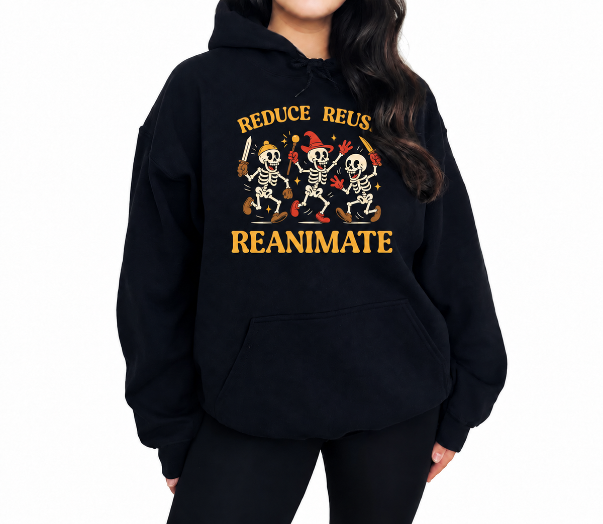 Female model wearing Reduce Reuse Reanimate black D&D hoodie