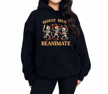 Female model wearing Reduce Reuse Reanimate black D&D hoodie
