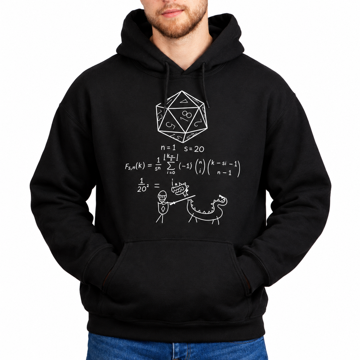 Male model wearing D20 Probability black D&D hoodie