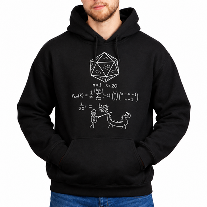Male model wearing D20 Probability black D&D hoodie