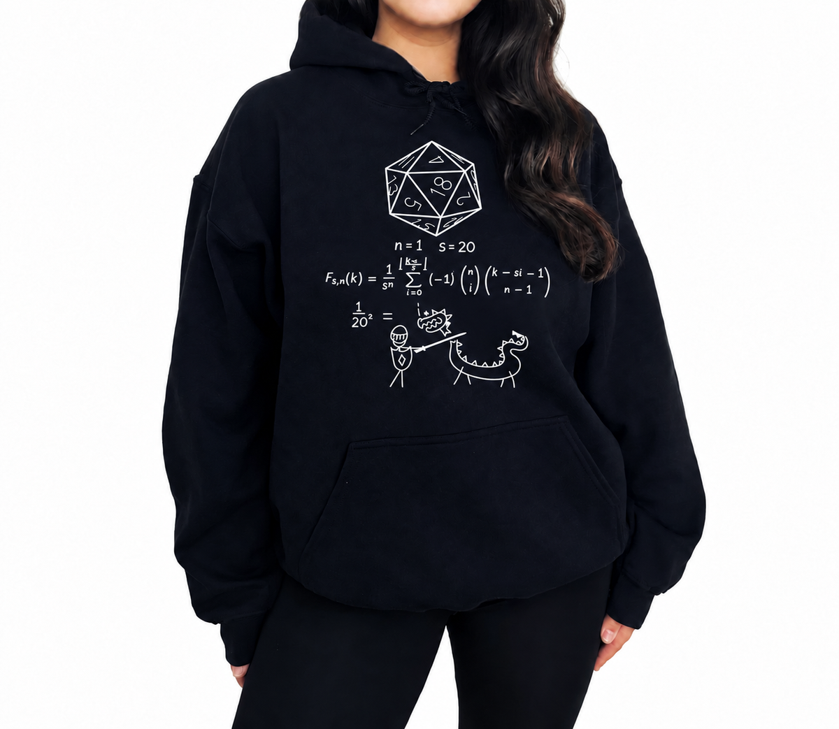 Female model wearing D20 Probability black D&D hoodie