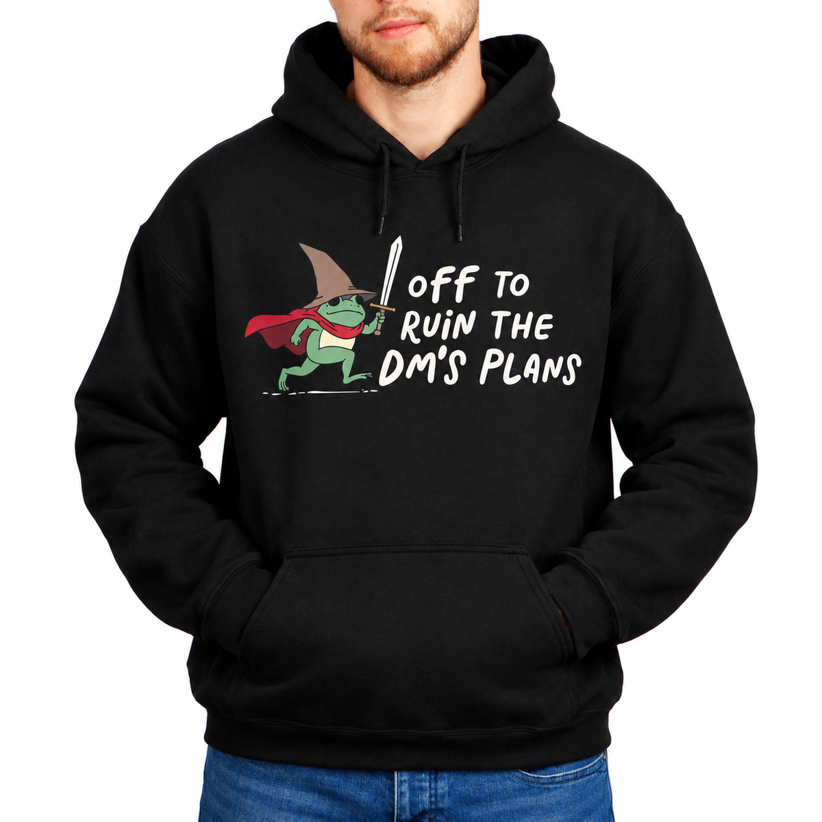 Male model wearing Off to Ruin the DM’s Plans black D&D hoodie