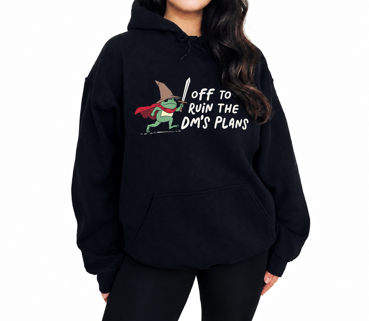 Female model wearing Off to Ruin the DM’s Plans black D&D hoodie